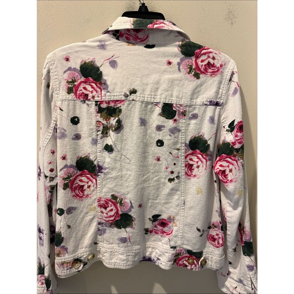 Jones New York White Denim Jacket with Linen blends Pink & Purple Floral Print M - Picture 5 of 9